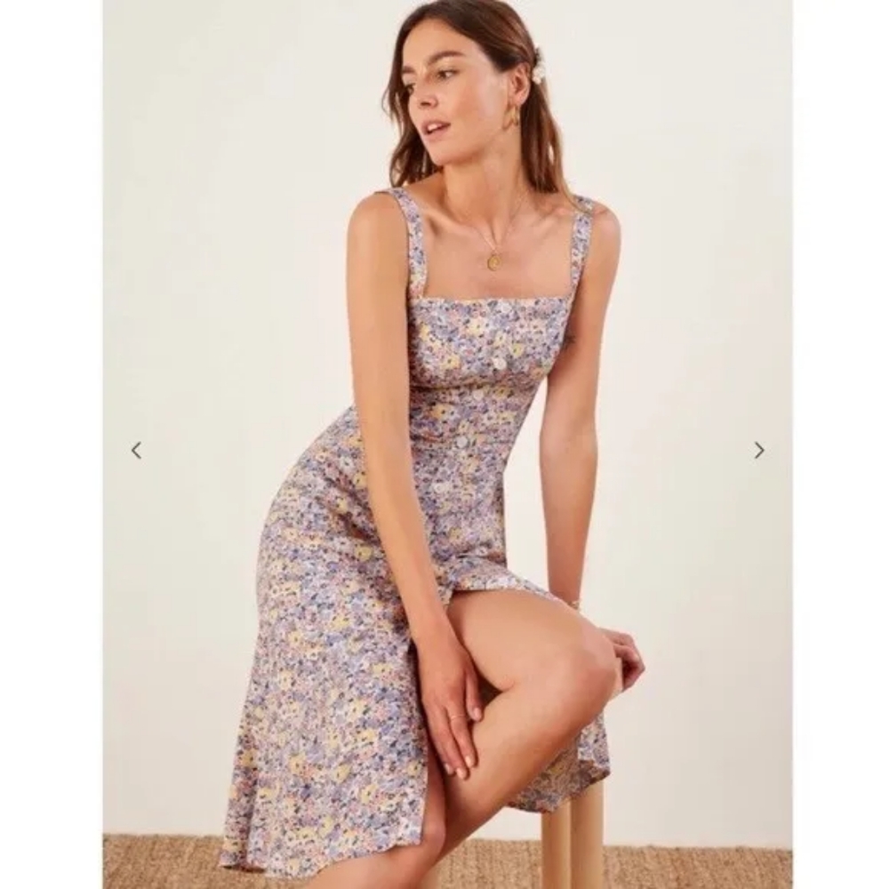 Reformation Persimmon Dolores Dress Size 2 Blue Yellow Pink Floral - Picture 3 of 7